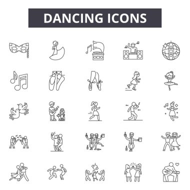 Dans hattı simgeleri, işaretler seti, vektör. Dans anahat kavramı, illüstrasyon: dans, siluet, parti, müzik, kadın
