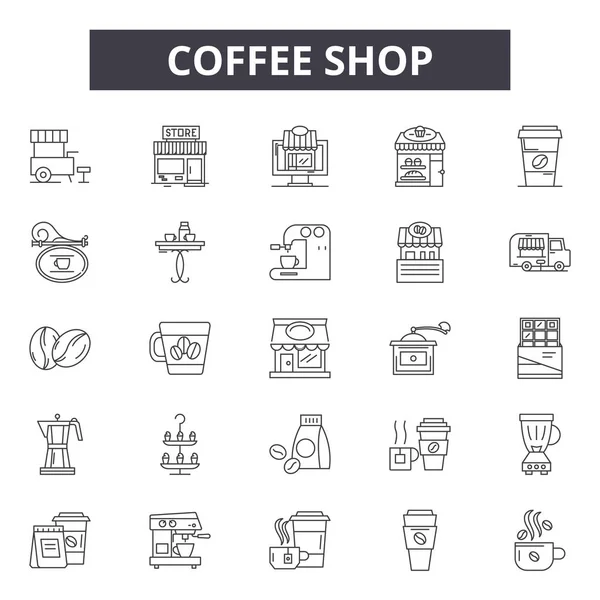 Coffee shop line icons, signs set, vector. Coffee shop outline concept, illustration: shop,coffee,cafe,cup,drink,restaurant,food,symbol — Stock Vector