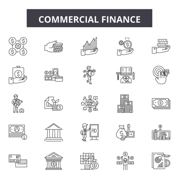 Icone della linea di finanza commerciale, segnaletica, vettore. Concetto di schema di finanza commerciale, illustrazione: finanza, affari, commerciale, banca, denaro — Vettoriale Stock