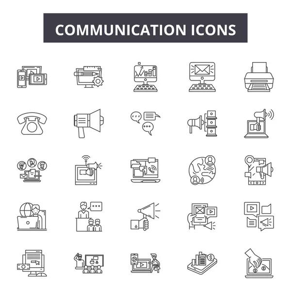 Icone della linea di comunicazione, set di segni, vettore. Concetto di schema di comunicazione, illustrazione: comunicazione, internet, chat, conversazione, messaggio, posta, contatto, telefono — Vettoriale Stock