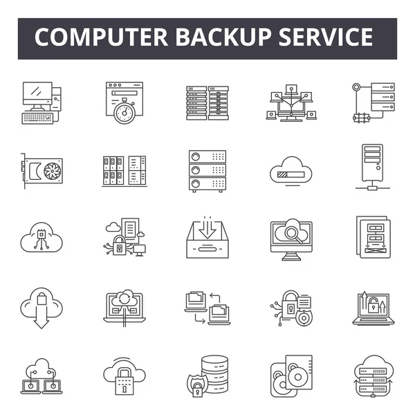 Computer Backup Service Line Symbole, Zeichen gesetzt, Vektor. Skizzenkonzept für Computer-Backup-Dienste, Illustration: Server, Backup, Technologie, Netzwerk, Daten, Information, Internet, Computer, Digital — Stockvektor