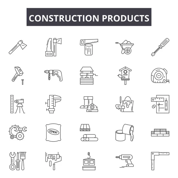 Prodotti da costruzione linea icone, insegne set, vettore. Concetto di schema dei prodotti da costruzione, illustrazione: costruzione, prodotto, bianco, industria, ingegneria, edilizia, isolato — Vettoriale Stock