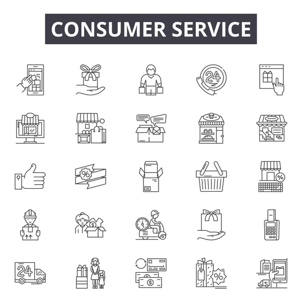 Icônes de ligne de service aux consommateurs, signes ensemble, vecteur. Service à la consommation esquisse concept, illustration : service, consommateur, client, entreprise, marketing, aide — Image vectorielle