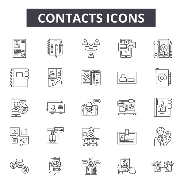 Icônes de ligne de contacts, ensemble de signes, vecteur. Contacts contour concept, illustration : contact, email, téléphone, téléphone, adresse, mobile, communication, lettre — Image vectorielle