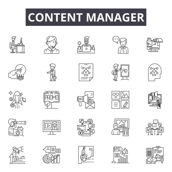 Icone della linea Content Manager, set di segni, vettore. Content manager outline concept, illustrazione: content, management, business, technology, internet, web, network, information — Vettoriale Stock