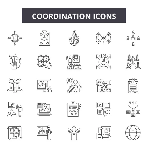 Iconos de línea de coordinación, conjunto de signos, vector. Concepto de esquema de coordinación, ilustración: negocios, coordinación, humanos, gestión, personas, experiencia, recursos — Vector de stock