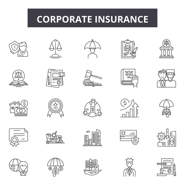 Іконки корпоративної страхової лінії, набір знаків, вектор. Концепція контуру корпоративного страхування, ілюстрація: страхування, корпоратив, бізнес, захист, безпека — стоковий вектор