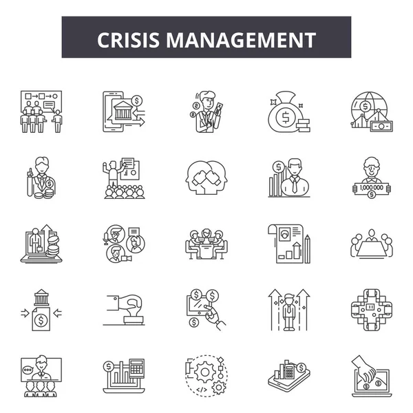 Icone della linea di gestione delle crisi, segnaletica impostata, vettore. Concetto di schema di gestione delle crisi, illustrazione: crisi, affari, concetto, finanza, uomo, rischio, uomo d'affari, persona — Vettoriale Stock