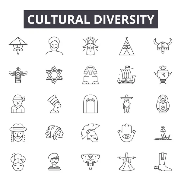 Ikony linii różnorodności kulturowej, zestaw znaków, wektor. Różnorodność kulturowa koncepcja konspektu, ilustracja: różnorodność, kultura, Grupa, ludzie, zespół, społeczność, desocial — Wektor stockowy