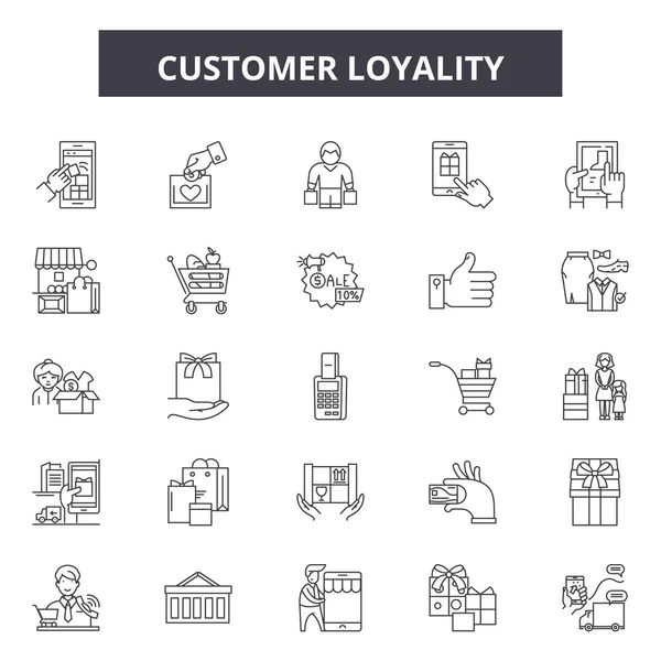 Iconos de línea de lealtad del cliente, conjunto de signos, vector. Lealtad del cliente esquema concepto, ilustración: cliente, comercialización, negocio, lealtad, leal, cliente, servicio, concepto — Vector de stock