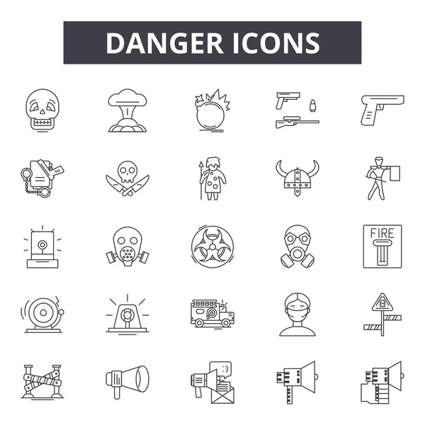 Ícones de linha de perigo, conjunto de sinais, vetor. Conceito de contorno de perigo, ilustração: perigo, cautela, atenção, segurança, perigoso, risco — Vetor de Stock