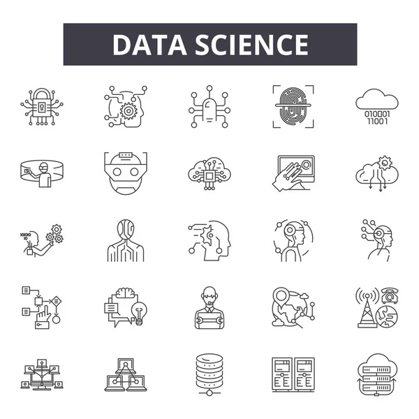 Data Science Line Symbole, Zeichen gesetzt, Vektor. Data Science skizziertes Konzept, Illustration: Wissenschaft, Technologie, Daten, Information, Grafik, Web — Stockvektor