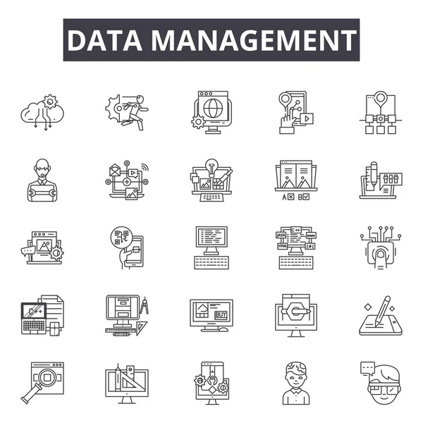 Datenmanagement-Zeilensymbole, Zeichen gesetzt, Vektor. Datenmanagement-Skizzenkonzept, Illustration: Daten, Information, Wirtschaft, Management, Web, Internet, Computer — Stockvektor