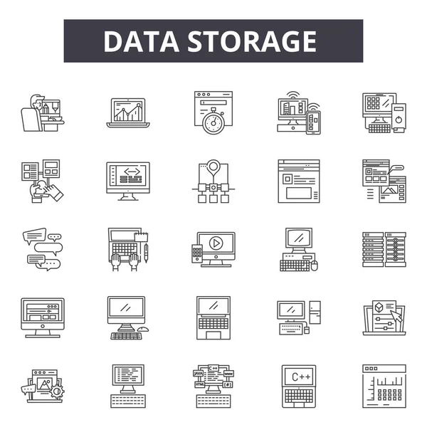 Data storage line icons, signs set, vector. Data storage outline concept, illustration: data,storage,network,server,information,technology,database,computer — Stock Vector