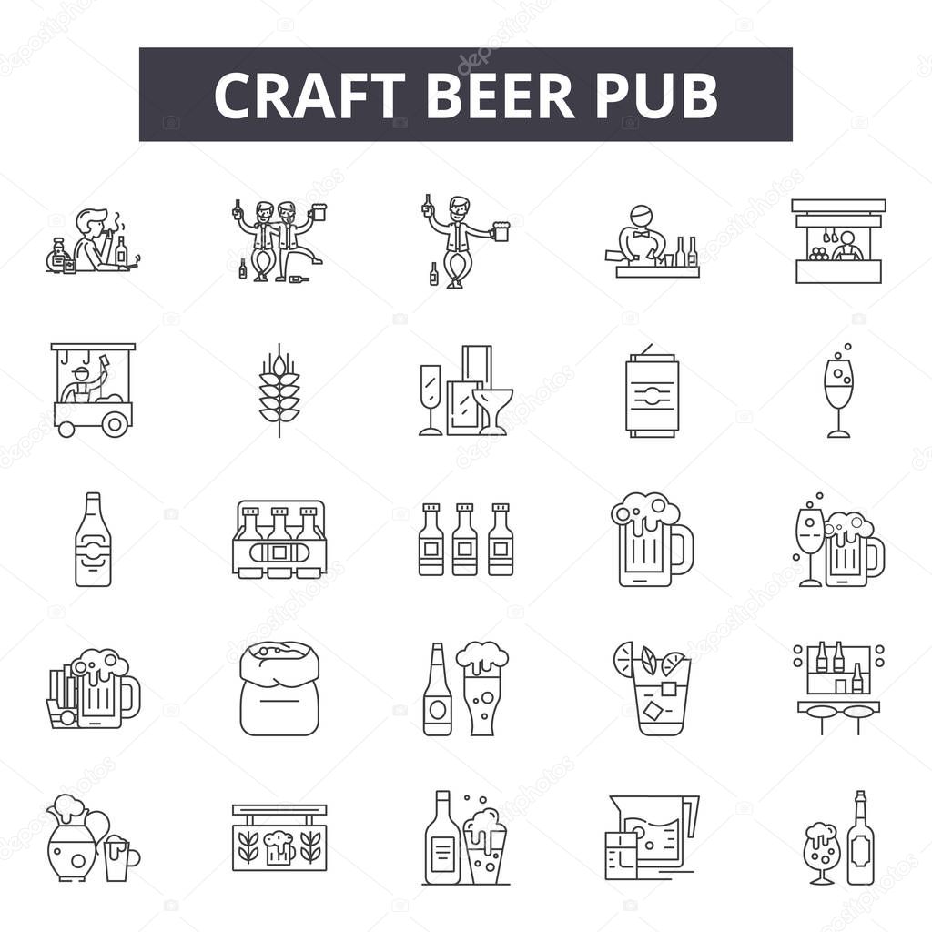 Craft beer pub line icons, signs set, vector. Craft beer pub outline concept, illustration: craft,pub,bar,beer,alcohol,brewery,drink,restaurant,label