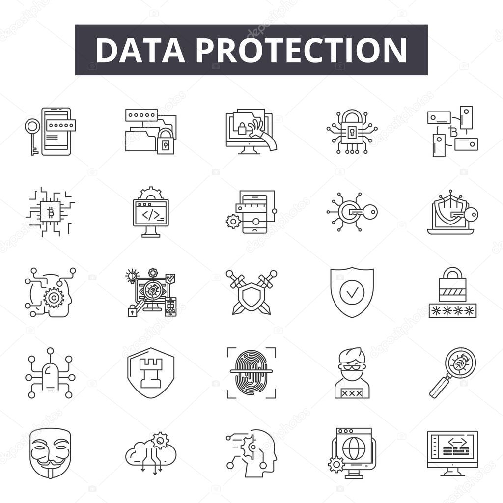 Data protection line icons, signs set, vector. Data protection outline concept illustration: data,security,internet,protection,technology,information,safe,lock