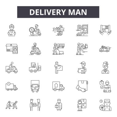 Teslimat adam çizgi simgeleri, işaretler seti, vektör. Teslimat adam anahat kavramı, illüstrasyon: adam, teslimat, hizmet, kutu, kurye, işçi, paket, iş