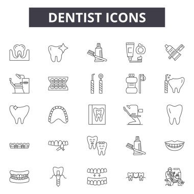 Diş hekimi çizgi simgeleri, işaretler seti, vektör. Diş hekimi anahat kavramı, illüstrasyon: diş hekimi, diş, diş, implant, diş fırçası, tıbbi