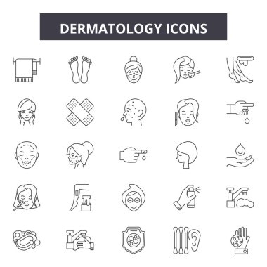 Dermatoloji çizgi simgeleri, işaretler seti, vektör. Dermatoloji anahat kavramı, illüstrasyon: dermatoloji, bakım, cilt, tedavi, sağlık, kozmetik, tedavi, tıbbi
