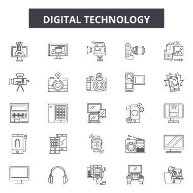 Dijital teknoloji çizgi simgeleri, işaretler seti, vektör. Dijital teknoloji anahat kavramı, illüstrasyon: teknoloji, dijital, ağ, internet, bilgisayar, bilgi, teknoloji, bağlantı