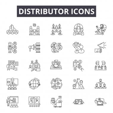 Distribütör çizgi simgeleri, işaretler seti, vektör. Distribütör anahat kavramı, illüstrasyon: distribütör, dağıtım, dağıtım, düz, ağ, siyah, yapı