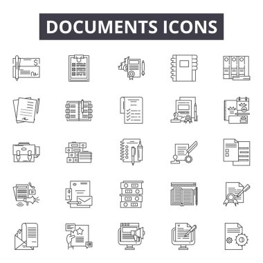 Belgeler satır simgeleri, işaretler kümesi, vektör. Belgeler anahat kavramı, illüstrasyon: dosya, kağıt, belge, sayfa, ofis, iş, web