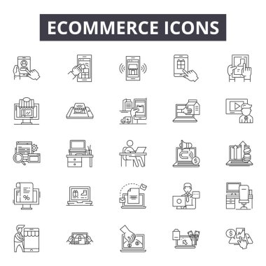 E-ticaret çizgi simgeleri, işaretler seti, vektör. E-ticaret anahat kavramı, illüstrasyon: e-ticaret, iş, web, satış, internet, mağaza