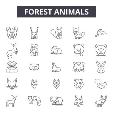 Orman hayvanları çizgi simgeleri, işaretler seti, vektör. Orman hayvanları anahat kavramı, illüstrasyon: hayvan, orman, vahşi, geyik, tilki, toplama, ayı