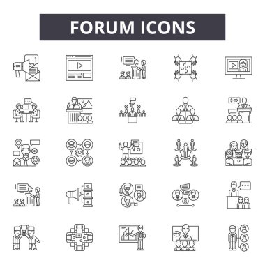 Forum çizgisi simgeleri, işaretler seti, vektör. Forum anahat kavramı, illüstrasyon: forum, iletişim, sohbet, konuşma, tasarım