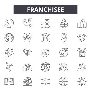 Franchise çizgi simgeleri, işaretler seti, vektör. Franchise anahat kavramı, illüstrasyon: franchise, franchise, iş, mağaza, mağaza, model, perakende, lisans