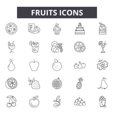 Meyve çizgi simgeleri, işaretler seti, vektör. Meyve anahat kavramı, illüstrasyon: çilek, portakal, gıda, karpuz, limon, armut, muz, elma
