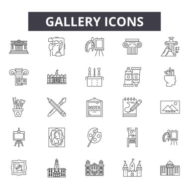 Galeri çizgisi simgeleri, işaretler seti, vektör. Galeri anahat kavramı, illüstrasyon: galeri, resim, resim, fotoğraf, kare, kamera