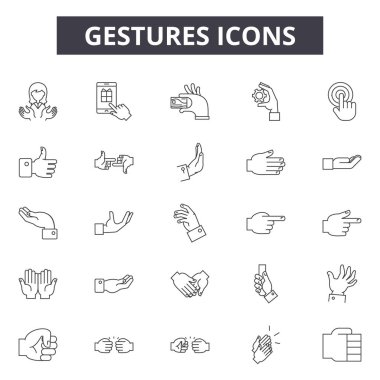 Hareketler satır simgeleri, işaretler seti, vektör. Jestler anahat kavramı, illüstrasyon: el, jest, parmak, arayüz, dokunma