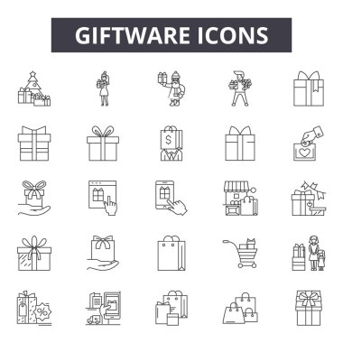 Giftware satır simgeleri, işaretler seti, vektör. Giftware anahat kavramı, illüstrasyon: doğum günü, yıldönümü, tatil, hediye, giftware, paket, noel, hediye