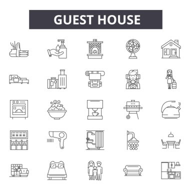 Konuk otel ev hattı simgeleri, işaretler seti, vektör. Konuk otel evi anahat kavramı, illüstrasyon: otel, konuk, bina, ev, oda, ev, daire