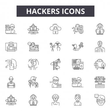 Hackerlar satır simgeleri, işaretler seti, vektör. Hackerlar anahat kavramı, illüstrasyon: bilgisayar, hacker, suç, suç, internet, web, casus, veri