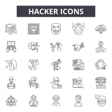 Hacker çizgi simgeleri, işaretler seti, vektör. Hacker anahat kavramı, illüstrasyon: bilgisayar, hacker, suç, suç, internet, web, casus, veri