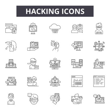 Hacking hattı simgeleri, işaretler seti, vektör. Hacking anahat kavramı, illüstrasyon: hack, koruma, güvenlik, hacker, güvenlik, bilgisayar, web, veri