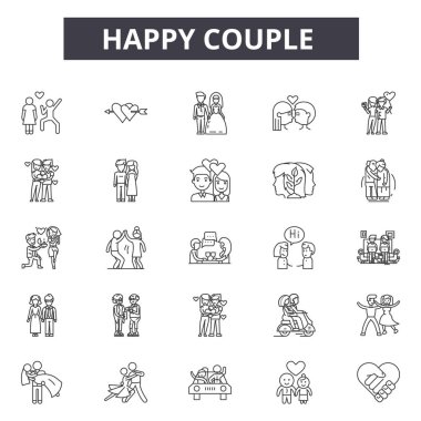 Mutlu çift çizgi simgeleri, işaretler seti, vektör. Mutlu çift anahat kavramı, illüstrasyon: mutlu, çift, adam, aşk, insanlar, kadın, kız, detogether