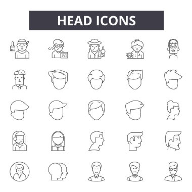 Baş çizgi simgeleri, işaretler seti, vektör. Baş anahat kavramı, illüstrasyon: baş, insan, izole, kişi, iş
