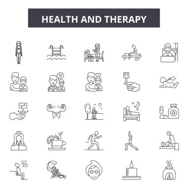 Sağlık ve terapi hattı simgeleri, işaretler seti, vektör. Sağlık ve tedavi anahat kavramı, illüstrasyon: sağlık, tedavi, tıp, tıp, adam, bakım, sembol
