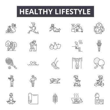 Sağlıklı yaşam tarzı çizgi simgeleri, işaretler seti, vektör. Sağlıklı yaşam tarzı anahat kavramı, illüstrasyon: fitness, sağlık, gıda, egzersiz, diyet, spor, yaşam tarzı, sağlıklı, elma