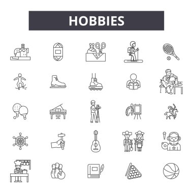 Hobiler satır simgeleri, işaretler seti, vektör. Hobiler anahat kavramı, illüstrasyon: hobi, müzik, oyun, futbol, kitap, yemek