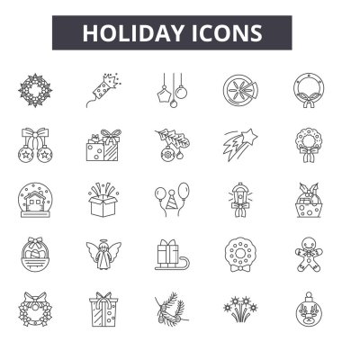 Tatil çizgisi simgeleri, işaretler seti, vektör. Tatil anahat kavramı, illüstrasyon: tatil, plaj, desummer