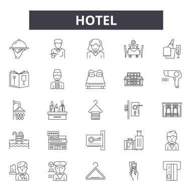 Otel konsept hattı simgeleri, işaretler seti, vektör. Otel konsepti anahat konsepti, illüstrasyon: otel, konsept, iş, seyahat, hizmet, tatil, arka plan