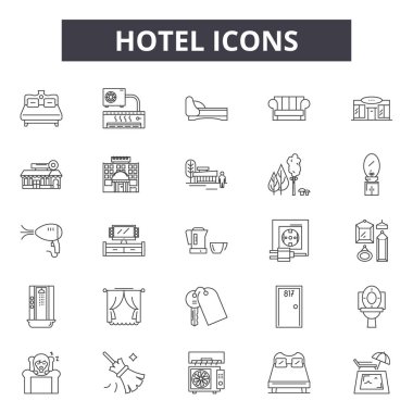 Otel hattı simgeleri, tabelalar, vektör. Otel anahat konsepti, illüstrasyon: otel, tatil, seyahat, yatak, oda, servis, bagaj