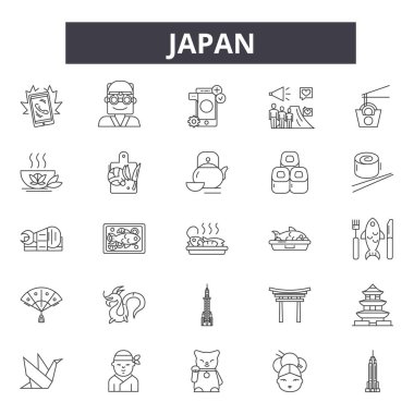 Japonya çizgi simgeleri, işaretler seti, vektör. Japonya anahat kavramı, illüstrasyon: japonya, japon, kültür, asya, seyahat, asya
