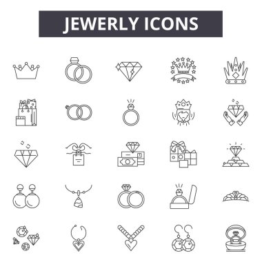 Jewerly çizgi simgeleri, işaretler seti, vektör. Jewerly anahat kavramı, illüstrasyon: elmas, izole, takı, beyaz, jewerly