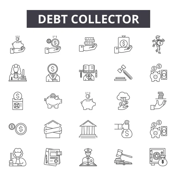 Ícones de linha do coletor de débito, conjunto de sinais, vetor. Conceito do esboço do coletor da dívida, ilustração: dívida, dinheiro, coletor, negócio, finanças, banco, conceito, financeiro —  Vetores de Stock