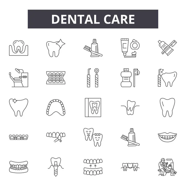 Icônes de ligne de soins dentaires, ensemble de signes, vecteur. Concept général des soins dentaires, illustration : dentisterie, dentisterie, dentiste, médecine, santé, soins, médecine, brosse à dents — Image vectorielle